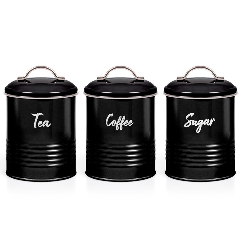 EHC Tea Coffee Sugar Canister Set Set of 3 Airtight Food Storage Easy to Open Storage Canisters Jars Tin Black