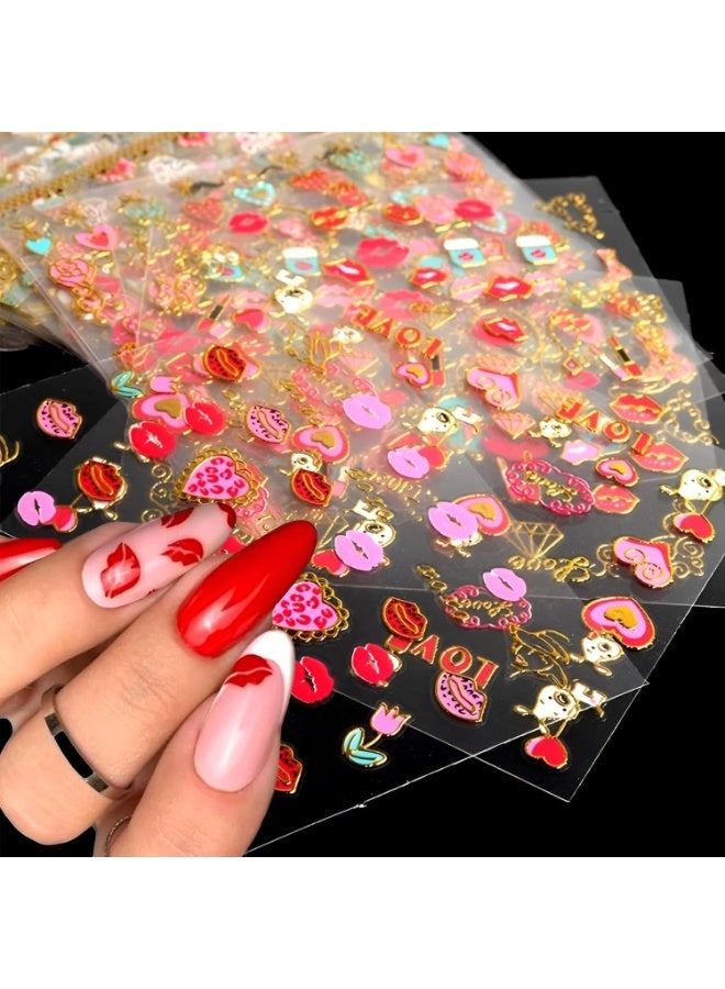 30 ورقة ملصقات أظافر لعيد الحب، ملصقات أظافر على شكل قلوب حمراء ثلاثية الأبعاد ذاتية اللصق، ملصقات ورود وشفاه وقبلات لتزيين الأظافر، لوازم تزيين أظافر الأكريليك بنفسك للنساء والفتيات. - Image 1