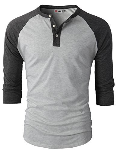 H2H Men's Fashionable 3/4 Sleeve Henley Baseball Jersey Knit T Shirt with Color Blocked Charcoal US 2XL/Asia 3XL (CMTTS0174) - Image 2