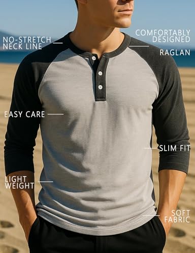 H2H Men's Fashionable 3/4 Sleeve Henley Baseball Jersey Knit T Shirt with Color Blocked Charcoal US 2XL/Asia 3XL (CMTTS0174) - Image 4