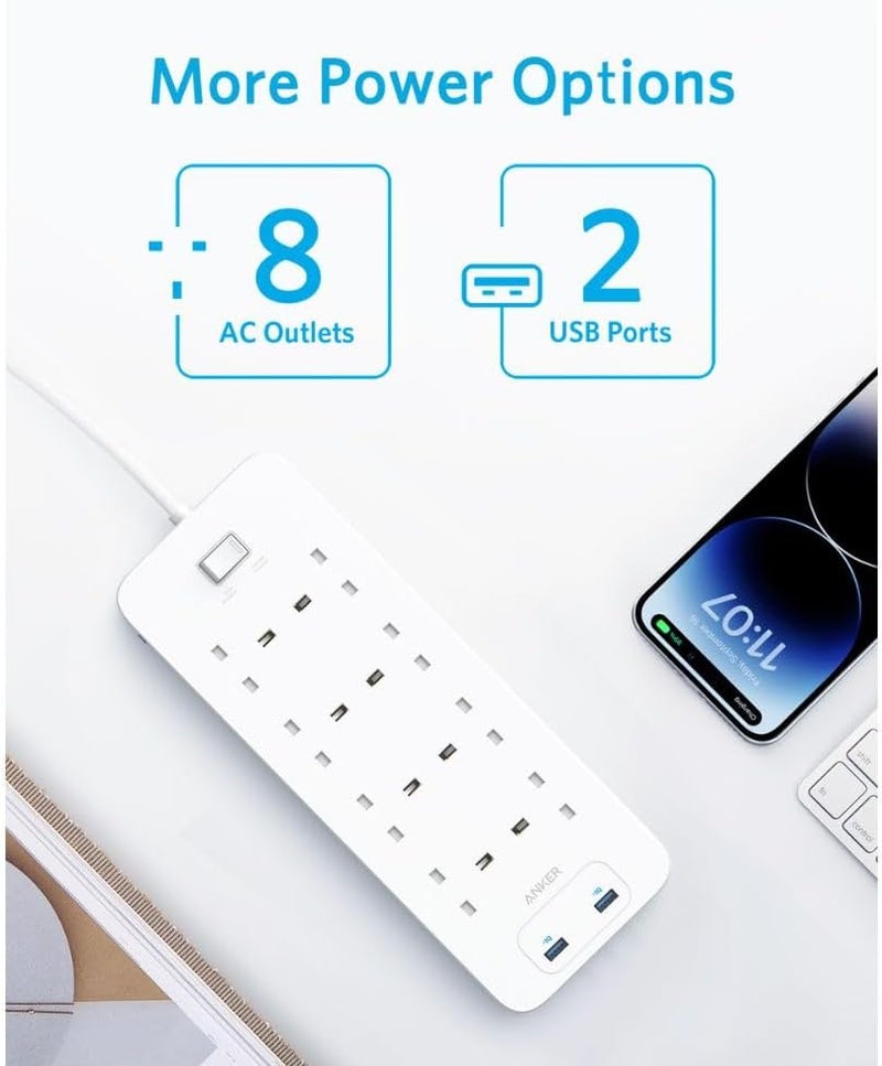 أنكر مقبس طاقة أنكر 342 مع 8 منافذ تيار متردد ومنفذي USB (تمديد بقدرة 12 واط)، تقنية PowerIQ، حماية من زيادة التيار، غلاف مقاوم للحريق، كابل بطول 1.8 متر، قابل للتركيب على الحائط، للمنزل والمكتب - Image 2