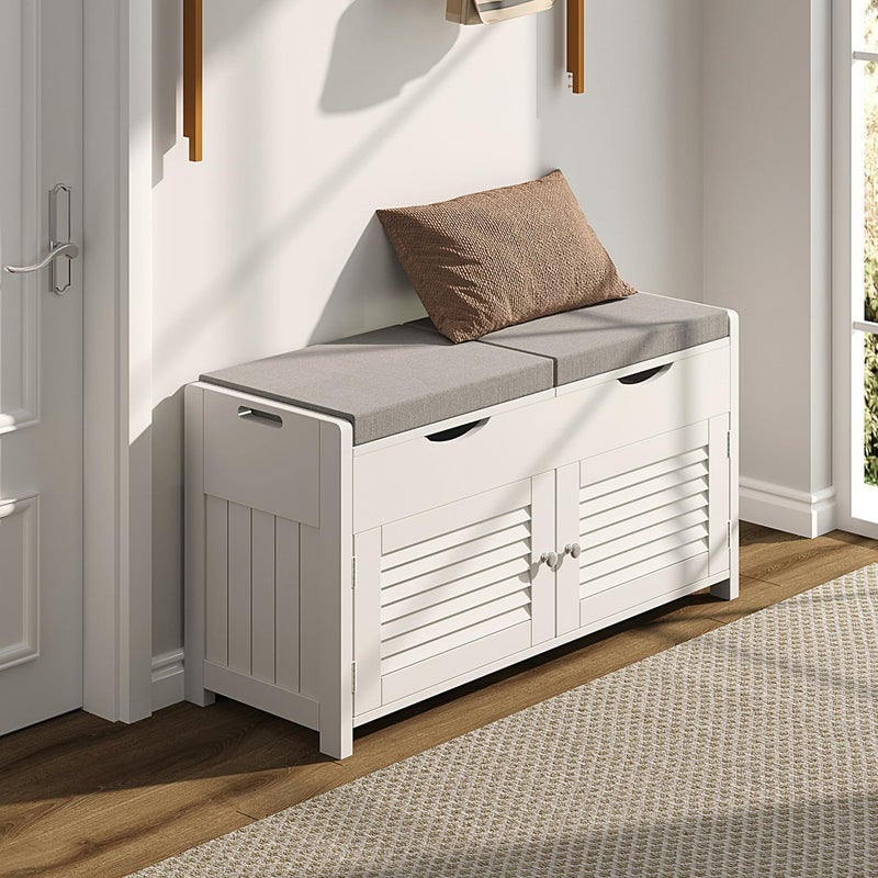 ChooChoo Shoe Storage Bench with Lift Top Storage Entryway Bench with 2 Cushioned Seats 3 Compartments Adjustable Shelf Shoe Cabinet for Entryway Bedroom Living Room White