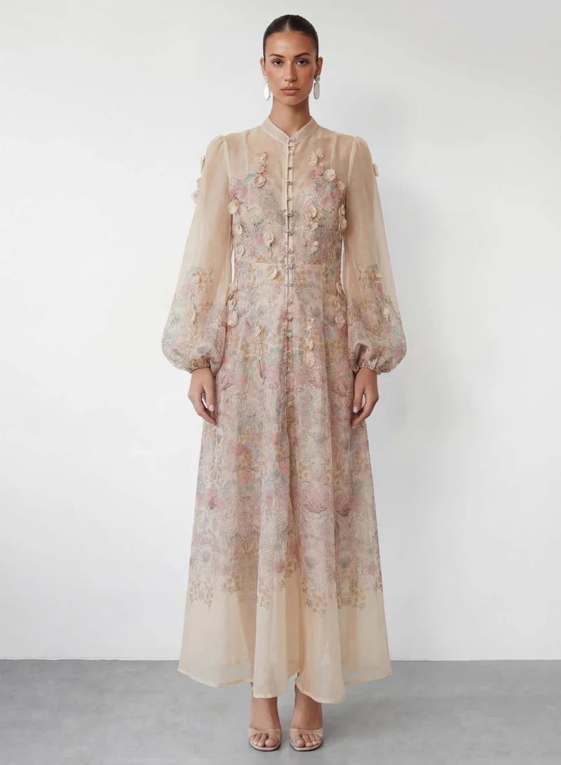 Sunfere Precious Time Apricot Floral Applique Chiffon Maxi Dress