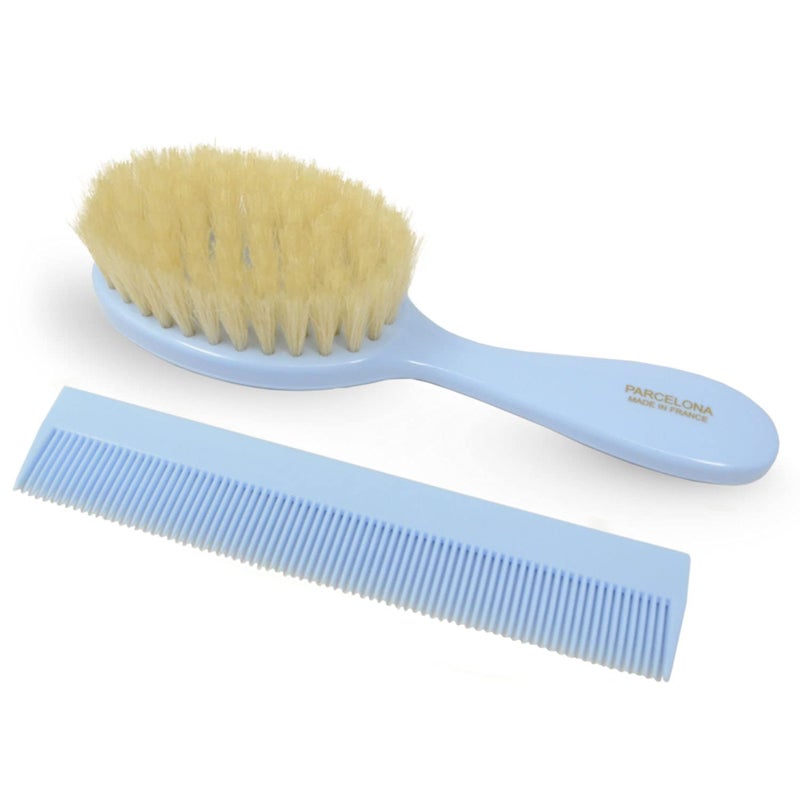 Parcelona French Grooming Combo Blue 6 Celluloid Soft Natural Silk Bristles Baby Brush and Comb for Girls and Toddlers Blue