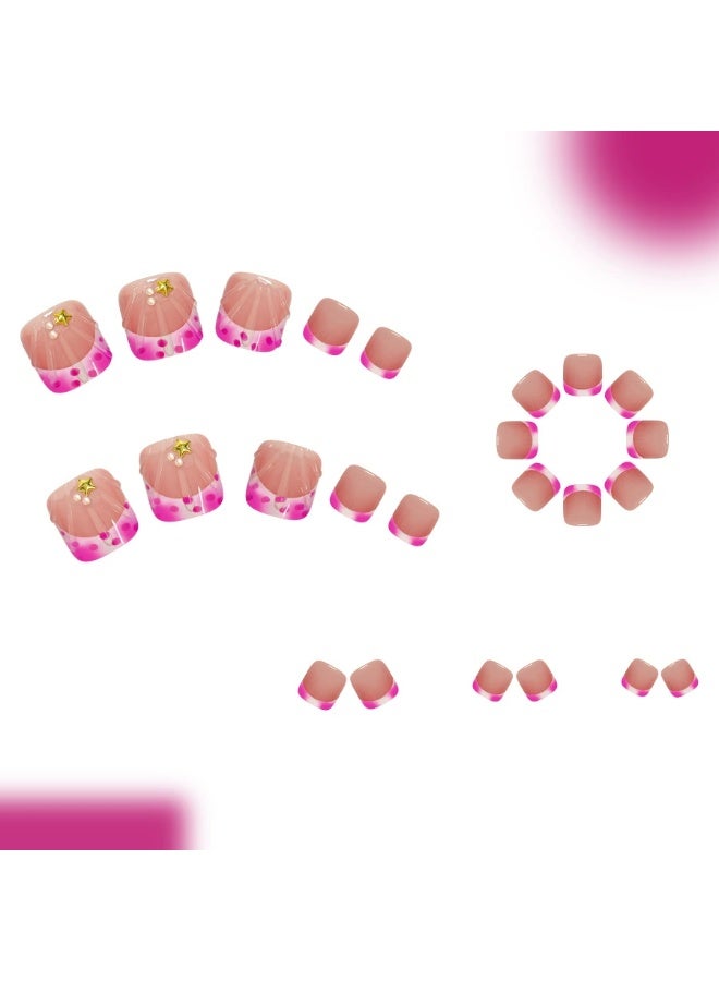 Goolsky Short Square Toe Nails with Hot Pink Polka Dots & 3D Star Pearls - Image 3