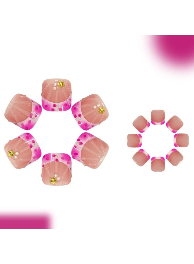 Goolsky Short Square Toe Nails with Hot Pink Polka Dots & 3D Star Pearls - Image 1