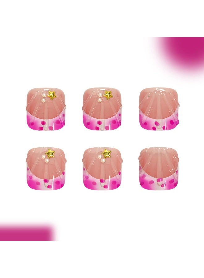 Goolsky Short Square Toe Nails with Hot Pink Polka Dots & 3D Star Pearls - Image 5