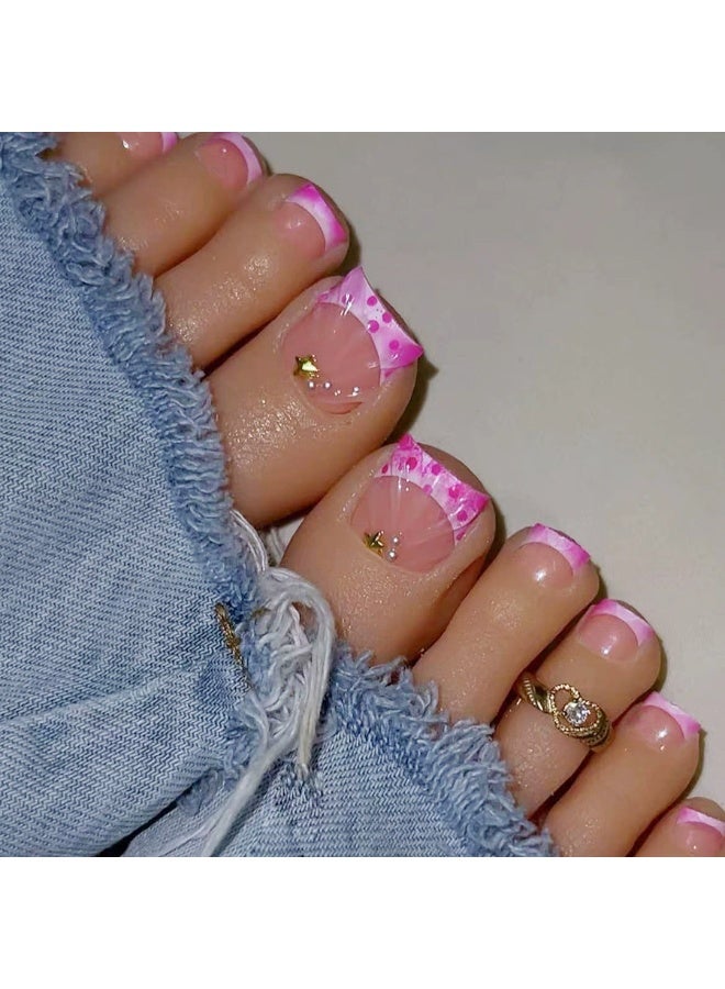 Goolsky Short Square Toe Nails with Hot Pink Polka Dots & 3D Star Pearls - Image 4