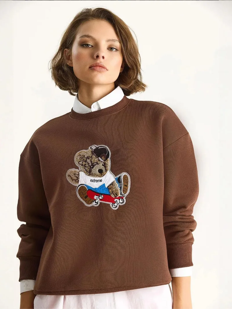 Bianco Lucci Mocha Brown LUCCI Embroidered Crew Neck Long Sleeve Sweatshirt for Women | Best Price UAE
