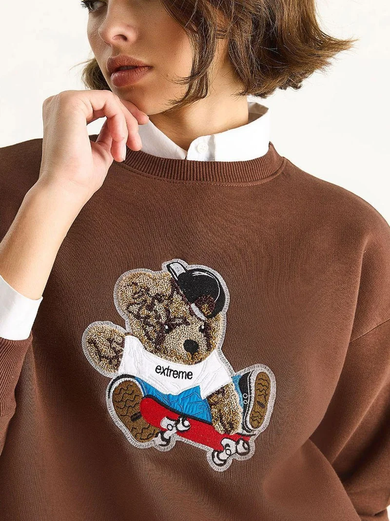 Bianco Lucci Mocha Brown LUCCI Embroidered Crew Neck Long Sleeve Sweatshirt for Women | Best Price UAE