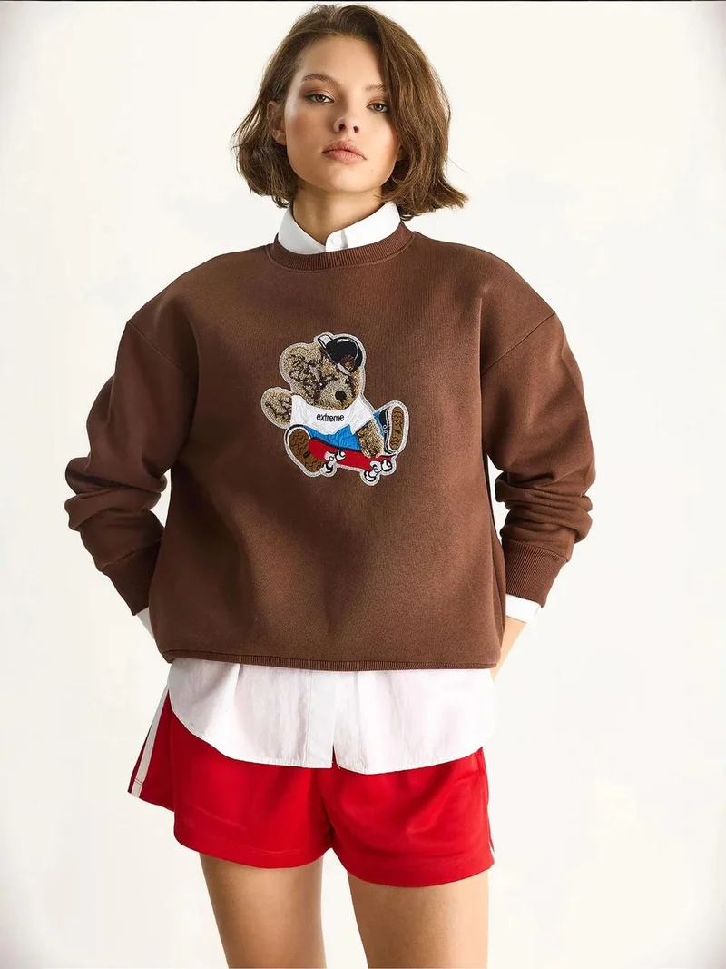Bianco Lucci Mocha Brown LUCCI Embroidered Crew Neck Long Sleeve Sweatshirt for Women | Best Price UAE