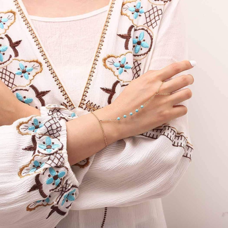 Bomine Turquoise Finger Bracelets Ring Hand Chain Beach Slave Bracelet Jewelry for Women and Girls (Gold) - Image 4