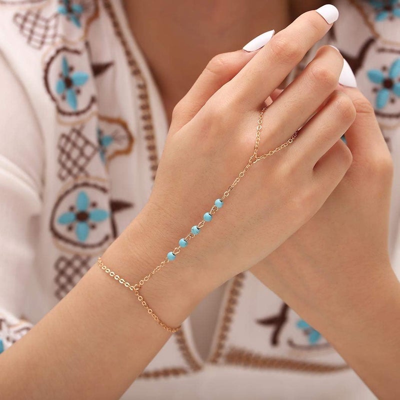Bomine Turquoise Finger Bracelets Ring Hand Chain Beach Slave Bracelet Jewelry for Women and Girls (Gold) - Image 1