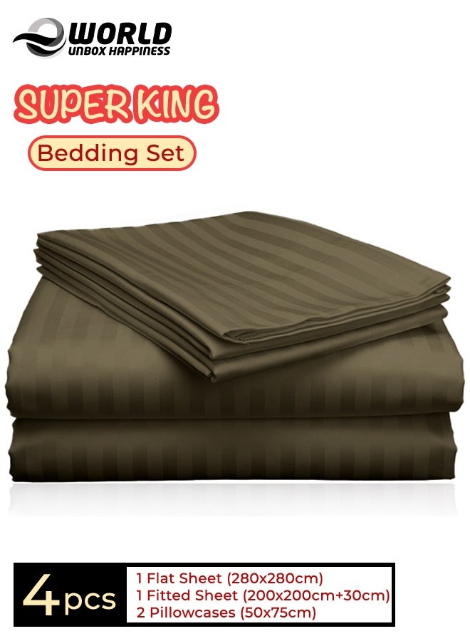 Eworld 4-Piece Luxury Super King Olive Green Striped Bedding Set (Flat Sheet 280×280 cm, Fitted Sheet 200×200+30 cm, 2 Pillowcases 50×75 cm) – Premium Microfiber, Hotel-Style Comfort - Image 1