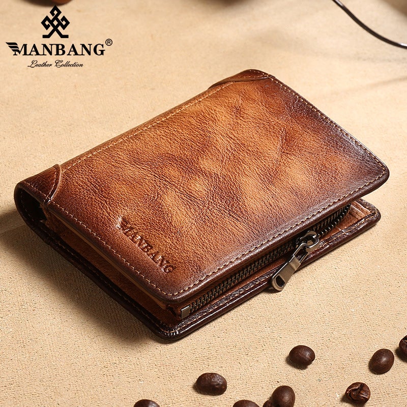 Mens Genuine Leather Wallet Coin Pouch Zipper Card Holder MBQ1767BHZ color yellow Brown