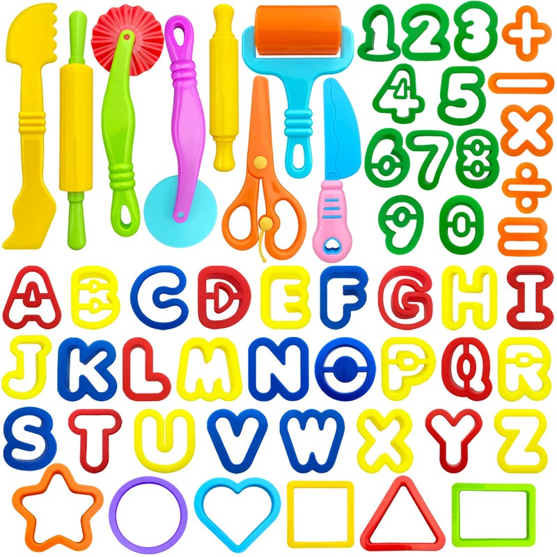 iShyan Dough Tools 55 PCS Dough Play Tools Set for Kids, Plastic Alphabet Numbers Shapes Cutters, Rollers, Scissors - Image 1