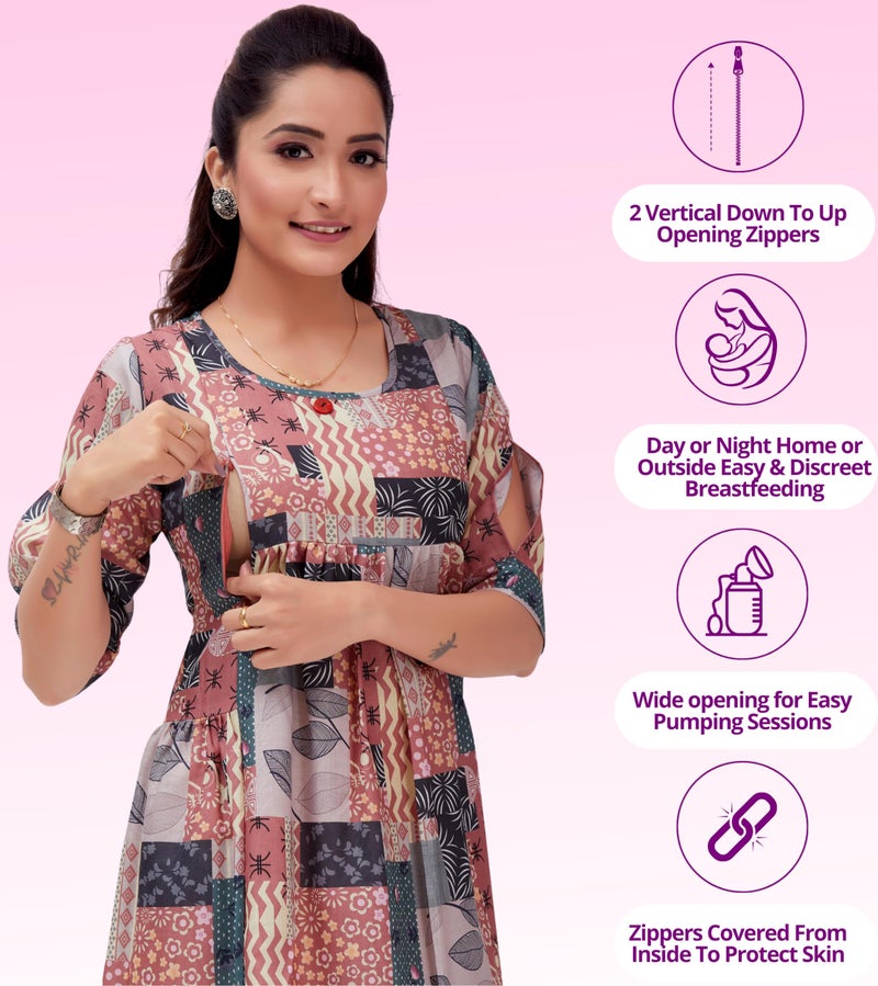 RITIJYA Feeding Kurtis for Women with Zip | Maternity Gown Pregnancy Dress for Nursing Mothers | Viscose Rayon | Maternity Wear Feeding Dress Tops (S,Rust, 9022_36) - Image 2