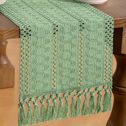 MLMW Boho Sage Green Table Runner 36 inches Short Coffee Spring Easter Table Runner Rustic Macrame Woven Table Runner Small Dresser Runners for Bedroom Living Room Home Decor - Image 2