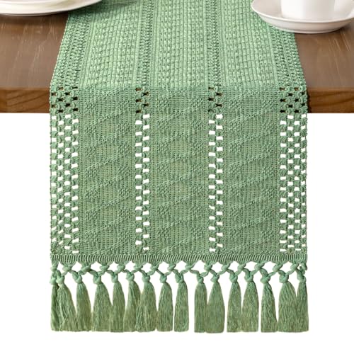 MLMW Boho Sage Green Table Runner 36 inches Short Coffee Spring Easter Table Runner Rustic Macrame Woven Table Runner Small Dresser Runners for Bedroom Living Room Home Decor - Image 1