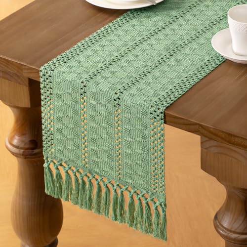 MLMW Boho Sage Green Table Runner 36 inches Short Coffee Spring Easter Table Runner Rustic Macrame Woven Table Runner Small Dresser Runners for Bedroom Living Room Home Decor - Image 3