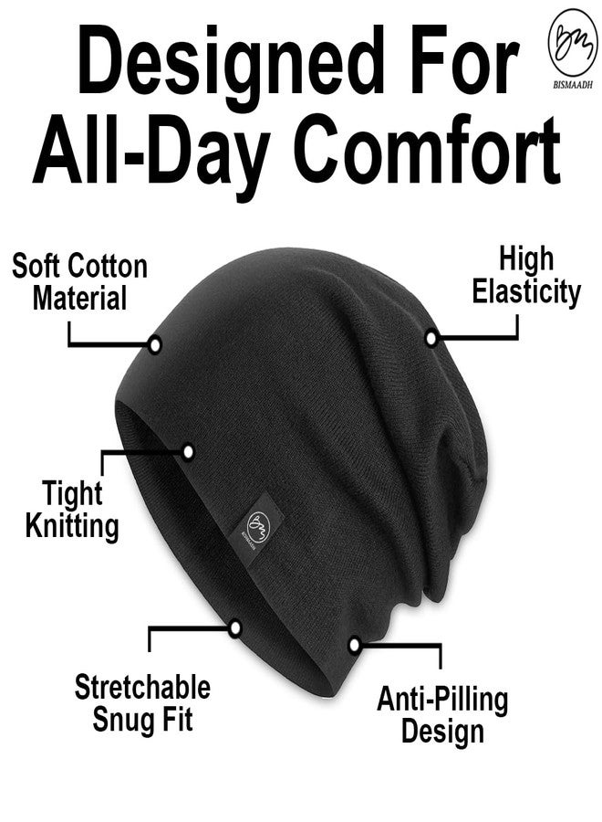 BISMAADH Unisex Slouchy Cotton Blend Beanie & Skull Cap for Summer, Winter, Autumn & Spring Season Black (Free Size) - Image 3