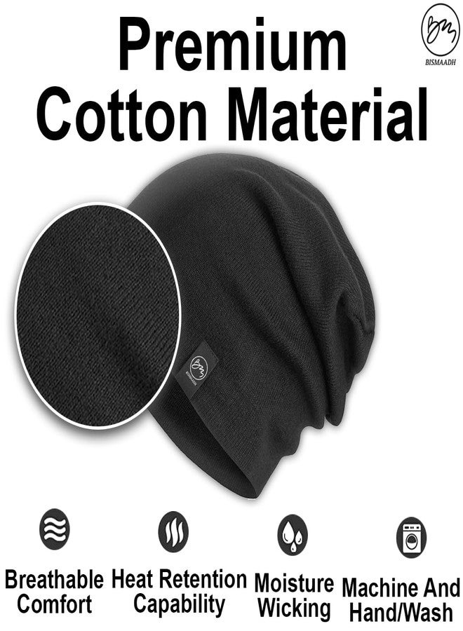 BISMAADH Unisex Slouchy Cotton Blend Beanie & Skull Cap for Summer, Winter, Autumn & Spring Season Black (Free Size) - Image 2