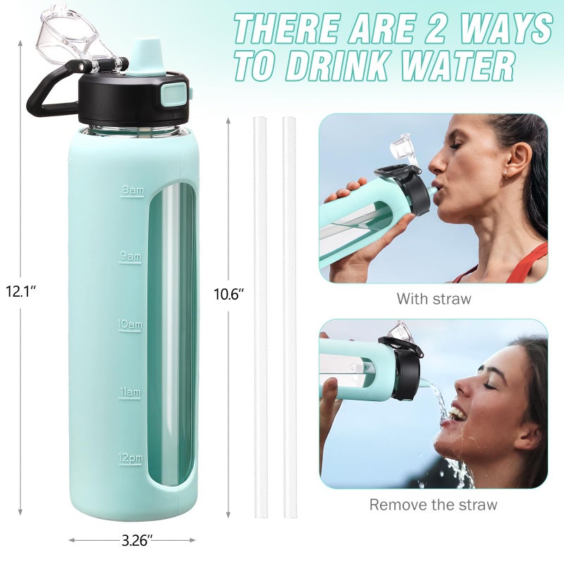 Kodrine Water Bottle with Soft Straw and Carry Loop  32 oz Glass Water Bottle with Locking Lid  Clear Water Bottles Sports  Drinking Bottle for Travel Home Gym  Leakproof(Light Blue) - Image 5