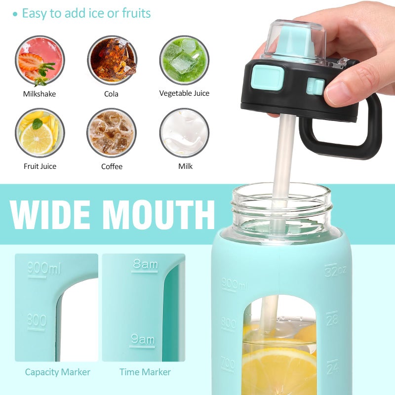 Kodrine Water Bottle with Soft Straw and Carry Loop  32 oz Glass Water Bottle with Locking Lid  Clear Water Bottles Sports  Drinking Bottle for Travel Home Gym  Leakproof(Light Blue) - Image 4
