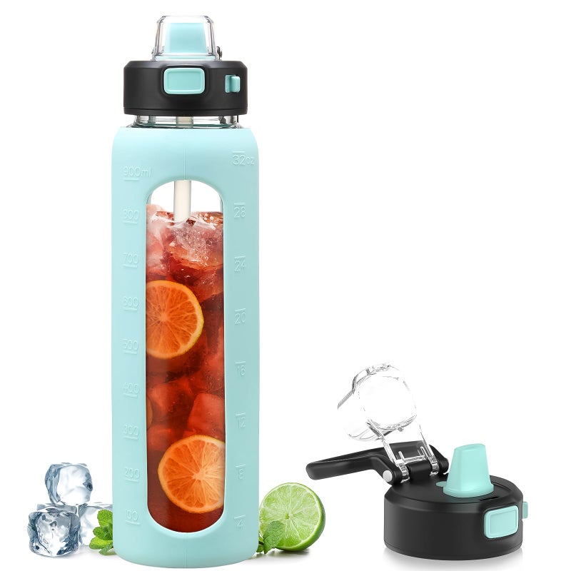 Kodrine Water Bottle with Soft Straw and Carry Loop  32 oz Glass Water Bottle with Locking Lid  Clear Water Bottles Sports  Drinking Bottle for Travel Home Gym  Leakproof(Light Blue) - Image 1