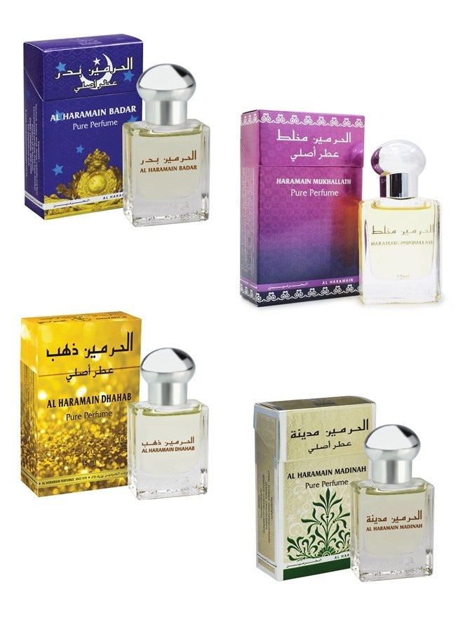 الحرمين مجموعة من 4 عطور الحرمين النقية بدر ذهب مخلط المدينة المنورة 15 مل زيت عطري - كومبو - للجنسين - Image 1