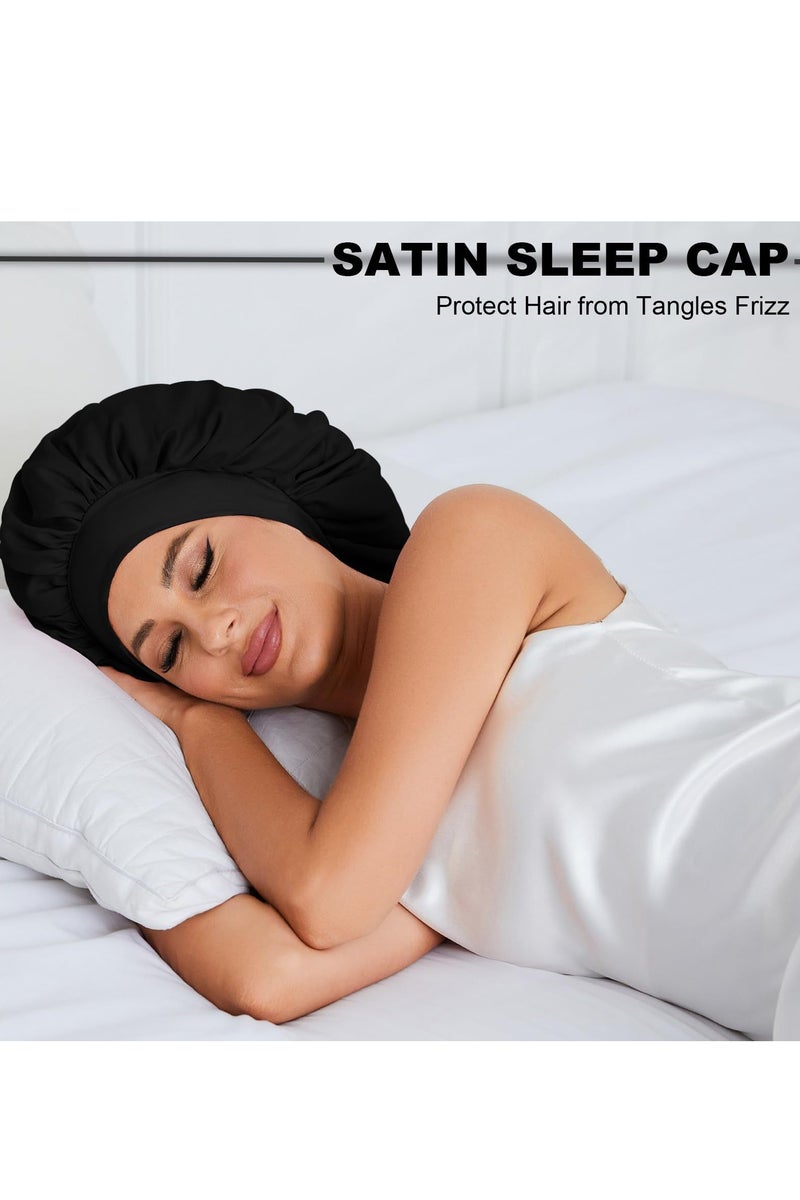 مجموعة بونيه حرير ساتان مزدوج الطبقات 2 في 1 وربطة شعر – تصميم قابل للعكس وثنائي اللون – غطاء نوم للشعر المجعد والطبيعي – رباط قابل للتعديل (مبطن للحماية)