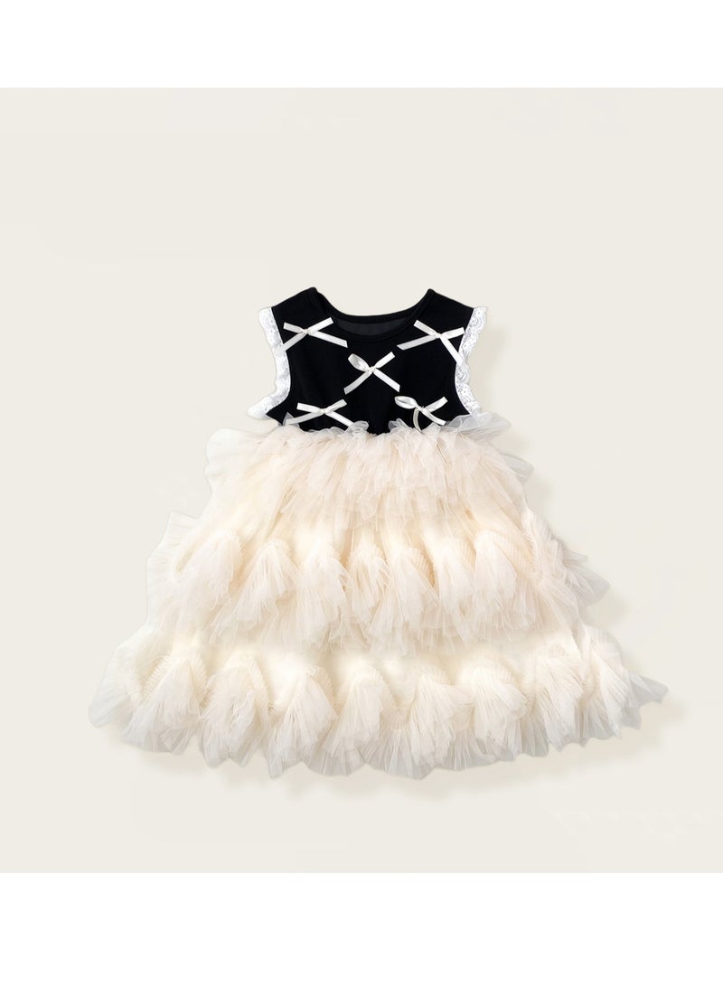 2-3Y Baby Girls Toddler Girls Princess Dress Set, Black Bow-Decorated Dress with Layered Fluffy Tulle Skirt & Lace Edging, Perfect for Birthday Parties, Weddings & Special Occasions, Suitable for Height 100cm  - Image 1