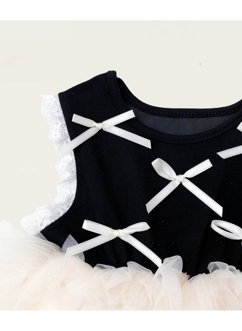 2-3Y Baby Girls Toddler Girls Princess Dress Set, Black Bow-Decorated Dress with Layered Fluffy Tulle Skirt & Lace Edging, Perfect for Birthday Parties, Weddings & Special Occasions, Suitable for Height 100cm  - Image 3