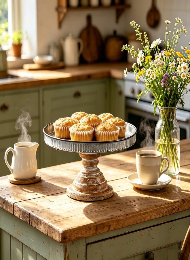 SOFE Rustic Galvanized Metal Cake Stand, Cupcake Stand Rustic Round Dessert, Appetizer Display Riser Stand with Wood Base Table Centerpiece for Wedding, Birthday, Party, Dining Room Kitchen Supplies - Image 4
