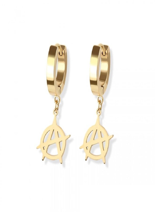 Pierced Owl 316L Stainless Steel Anarchy Symbol Dangling Huggie Hoop Earrings, Sold as a Pair (Gold Tone) - Image 1