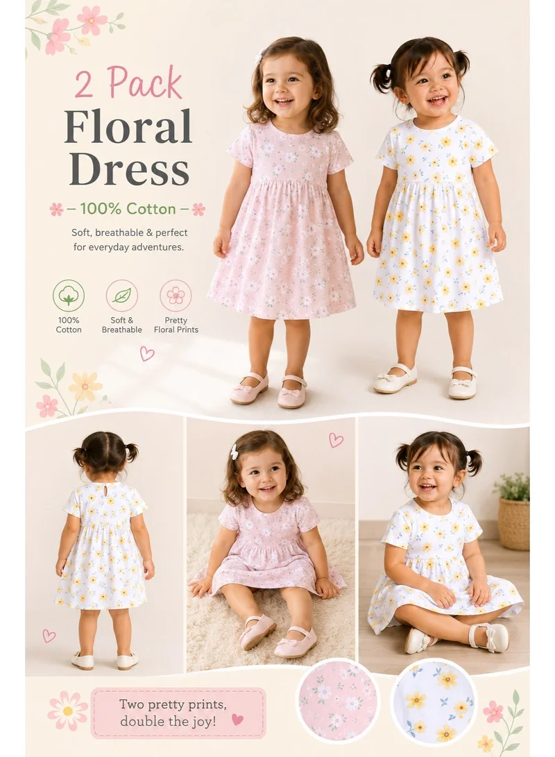 Victor And Jane Pack Of 2 Girls Daisy Print Cotton Dress – Short Sleeve Summer Daywear for Women | Best Price UAE