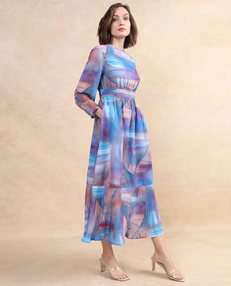 Rareism Women's Abstract Print Bishop Sleeve Midi Dress
