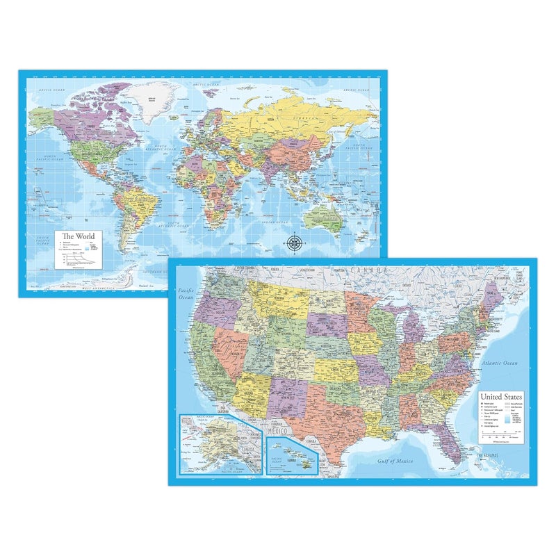 2 Pack - Laminated World Map & US Map Poster Set - Wall Chart Map of the World & United States - Made in the USA [Light Blue] - Image 1