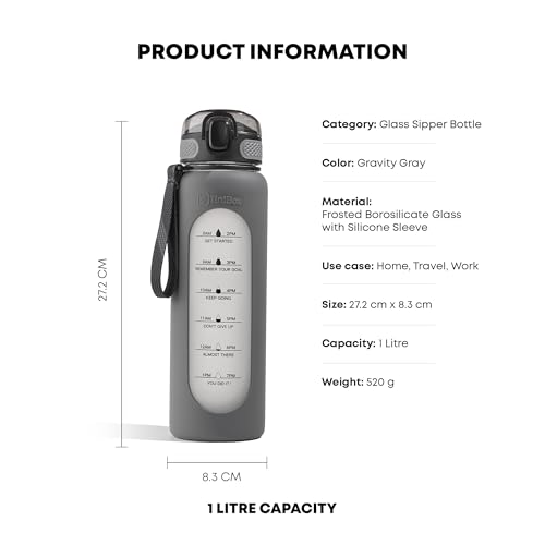TintBox 1 Litre Motivational Borosilicate Glass Sipper with Silicone Sleeve, Time Markings, Leak-Proof (Gravity Grey) - Image 2