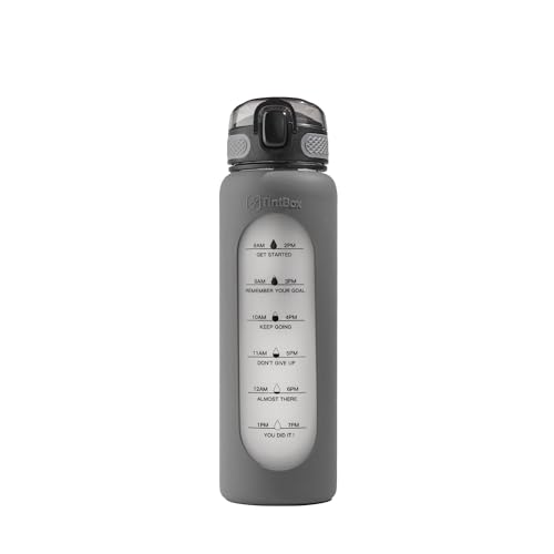 TintBox 1 Litre Motivational Borosilicate Glass Sipper with Silicone Sleeve, Time Markings, Leak-Proof (Gravity Grey) - Image 1