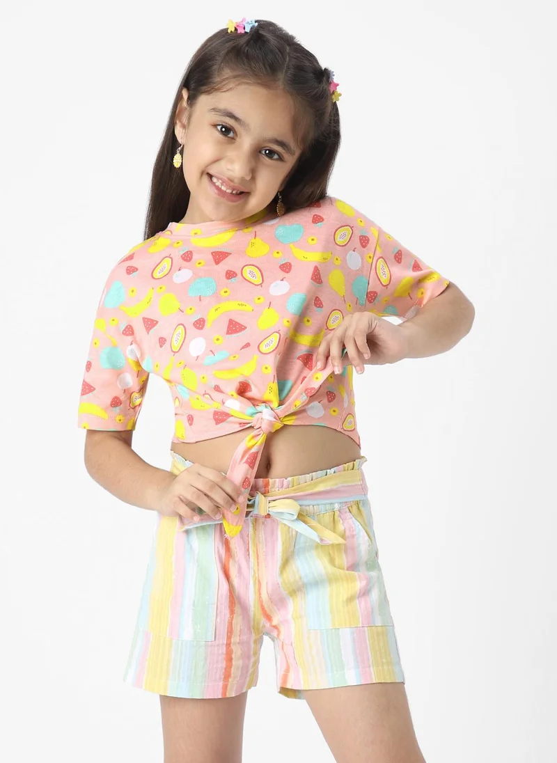Nautinati Girls' Cotton Fruit Punch Printed Crop Top With Front Knot