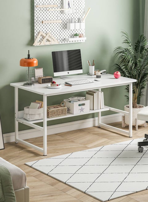 مكتب كمبيوتر مع رف، مكتب متين من الفولاذ ومكتب ألعاب، تصميم زوايا مدورة، سطح مقاوم للخدوش ومقاوم للماء