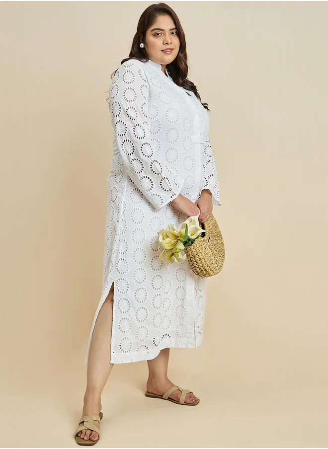 Femmella Textured Cotton Schiffli Shirt Maxi Dress by Styli