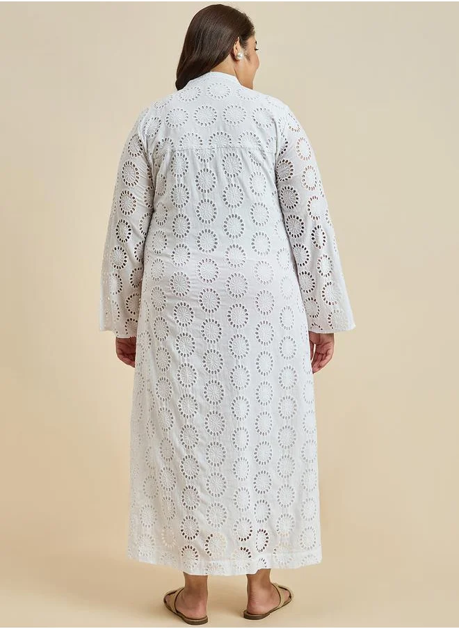 Femmella Textured Cotton Schiffli Shirt Maxi Dress by Styli