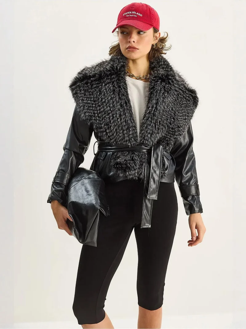 بيانكو لوتشي جاكيت جلد صناعي من لوكسي بياقة فرو صناعي