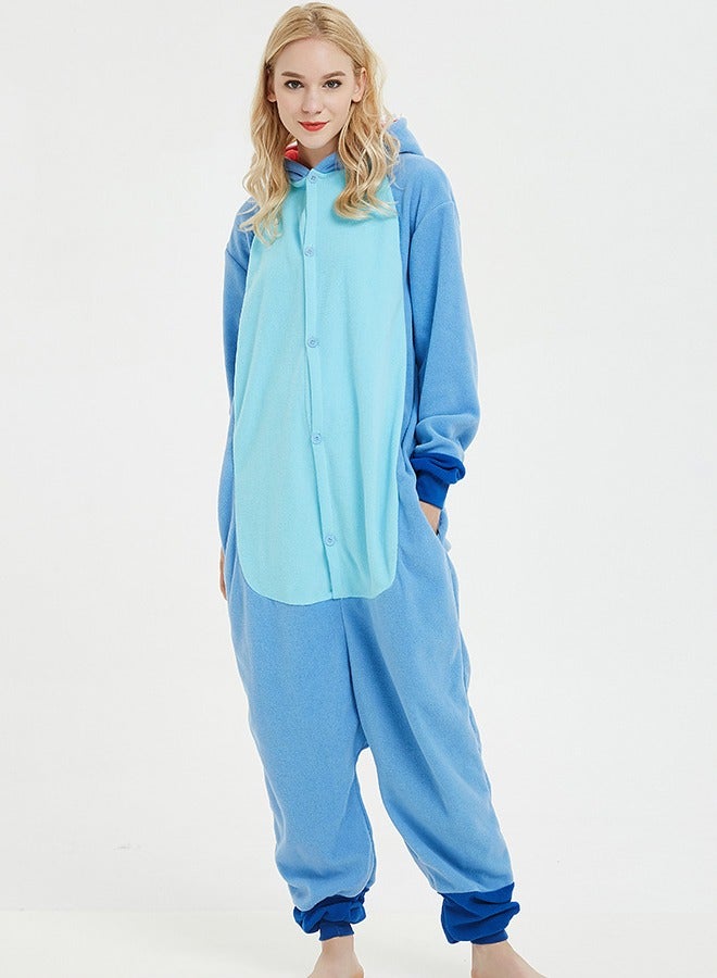 Polar Fleece Cartoon Animal One-Piece Pajamas Stitch Couple Home Clothes Stitch Cosplay Costumes (Blue) - Image 4
