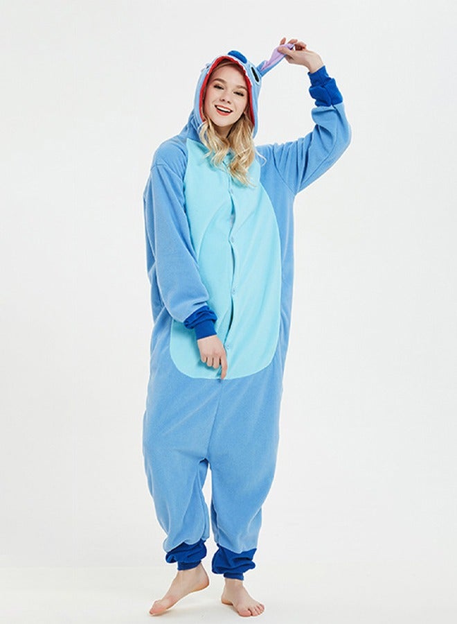 Polar Fleece Cartoon Animal One-Piece Pajamas Stitch Couple Home Clothes Stitch Cosplay Costumes (Blue) - Image 5