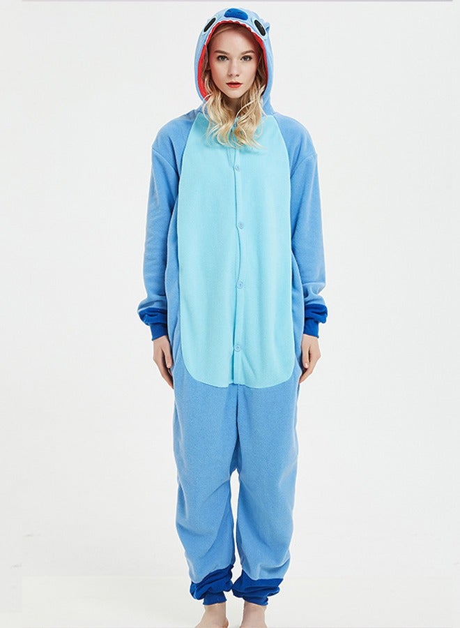 Polar Fleece Cartoon Animal One-Piece Pajamas Stitch Couple Home Clothes Stitch Cosplay Costumes (Blue) - Image 3