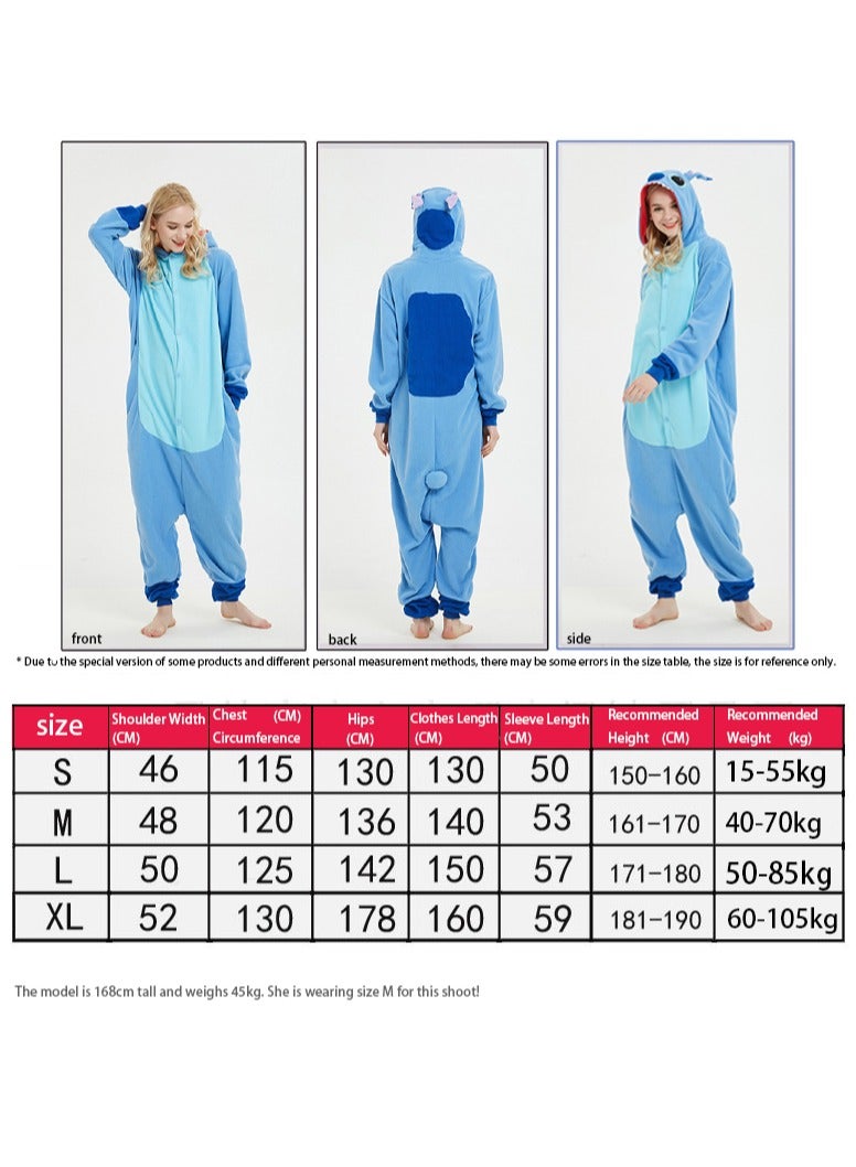 Polar Fleece Cartoon Animal One-Piece Pajamas Stitch Couple Home Clothes Stitch Cosplay Costumes (Blue) - Image 2