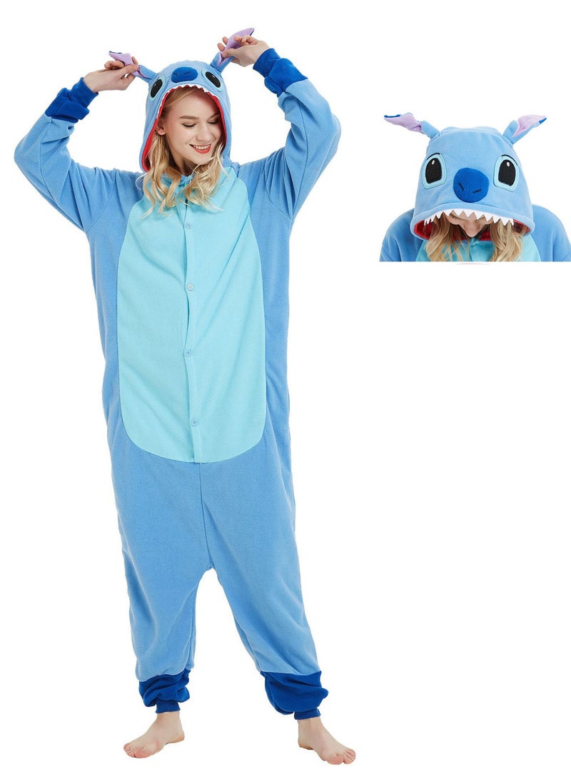 Polar Fleece Cartoon Animal One-Piece Pajamas Stitch Couple Home Clothes Stitch Cosplay Costumes (Blue) - Image 1